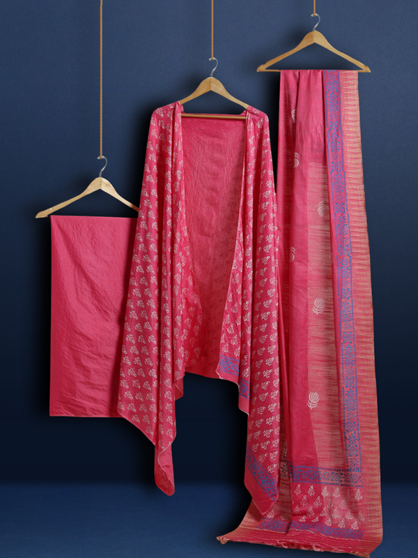 Katan Silk Gorgeous Suit (T+B+D)s Magenta Blockprinted