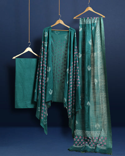 Katan Silk Gleaming Blockprint Green Suit