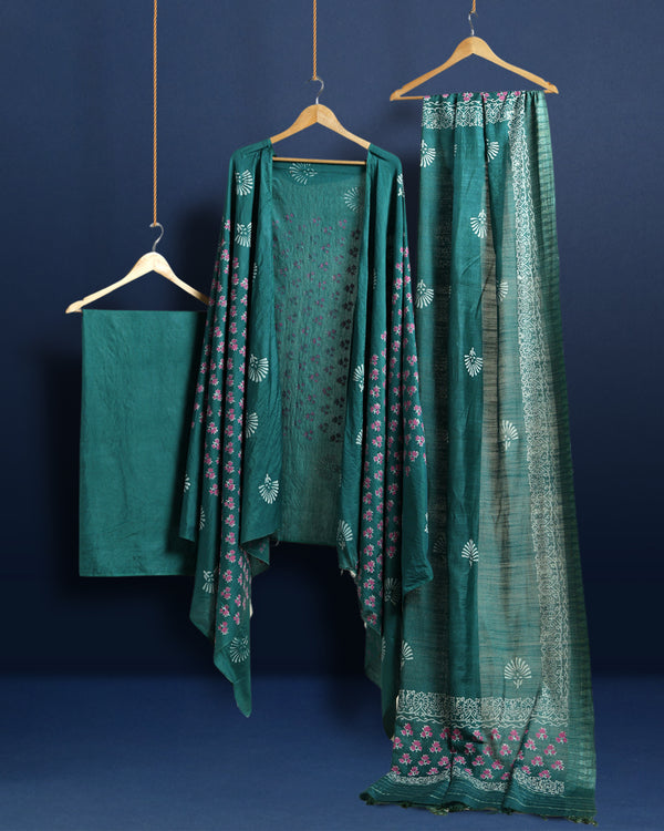 Katan Silk Gleaming Blockprint Green Suit