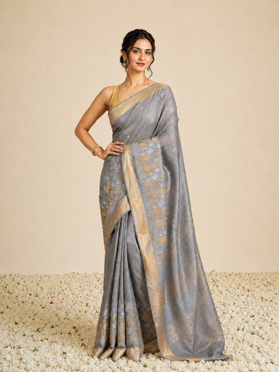 IndieHaat | Banswara Silk Gray Saree Digital Embroidery Lotus Design Running Blouse