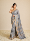 IndieHaat | Banswara Silk Gray Saree Digital Embroidery Lotus Design Running Blouse