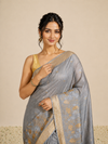 IndieHaat | Banswara Silk Gray Saree Digital Embroidery Lotus Design Running Blouse