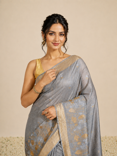 IndieHaat | Banswara Silk Gray Saree Digital Embroidery Lotus Design Running Blouse