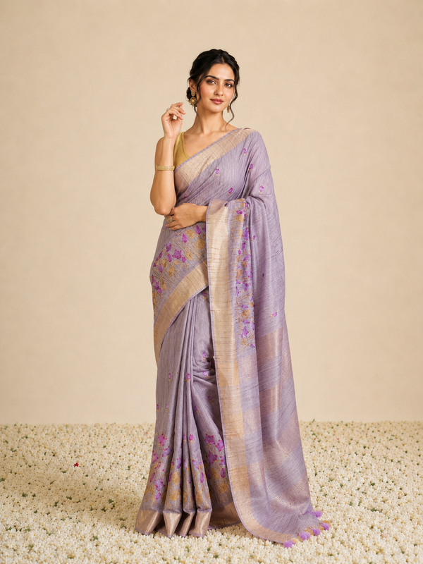 IndieHaat | Banswara Silk Lavendar Saree Digital Embroidery Lotus Design Running Blouse