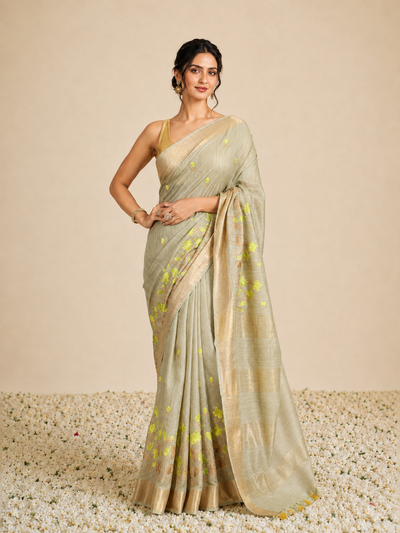 IndieHaat | Banswara Silk Green Saree Digital Embroidery Lotus Design Running Blouse