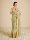 IndieHaat | Banswara Silk Green Saree Digital Embroidery Lotus Design Running Blouse