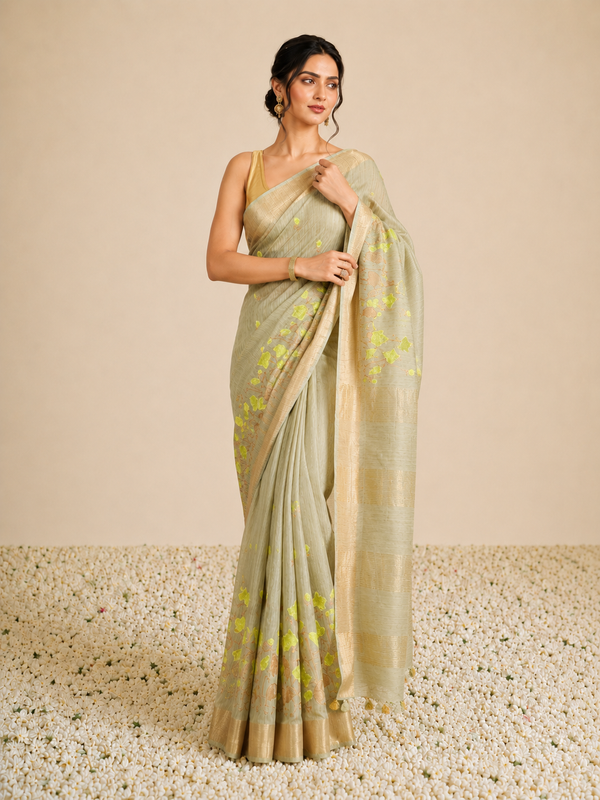 IndieHaat | Banswara Silk Green Saree Digital Embroidery Lotus Design Running Blouse