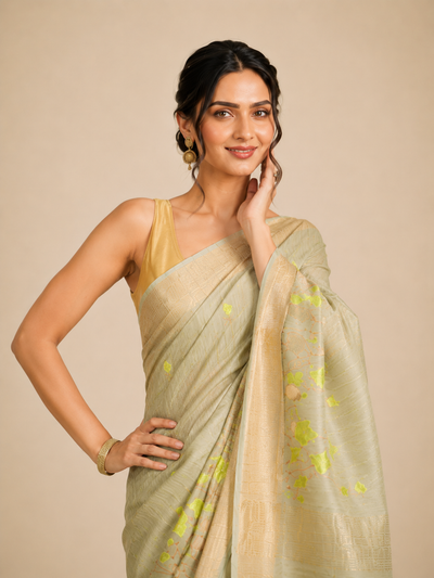 IndieHaat | Banswara Silk Green Saree Digital Embroidery Lotus Design Running Blouse