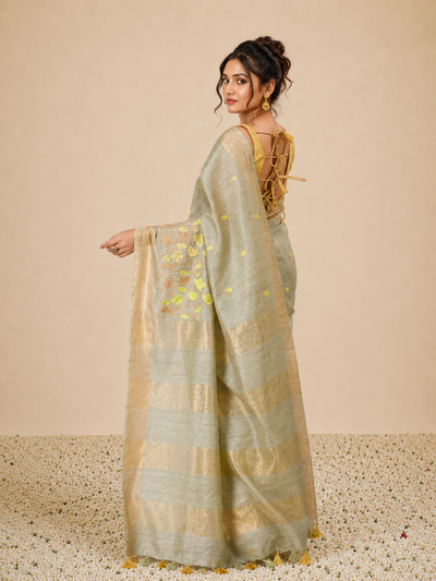 IndieHaat | Banswara Silk Green Saree Digital Embroidery Lotus Design Running Blouse