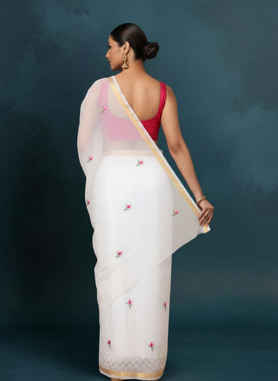 Kota Doria White Saree Embroidery