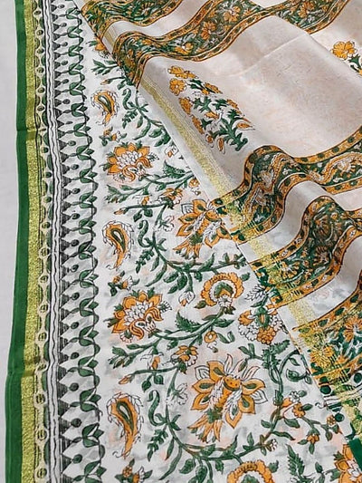 Indiehaat | Blockprint Chanderi Silk Saree Beige | Elegance in Silk