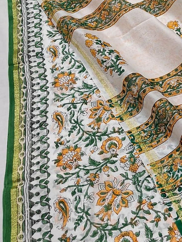 Indiehaat | Blockprint Chanderi Silk Saree Beige | Elegance in Silk