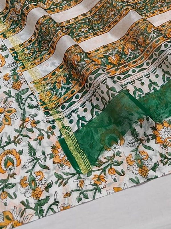 Indiehaat | Blockprint Chanderi Silk Saree Beige | Elegance in Silk