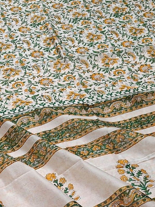 Indiehaat | Blockprint Chanderi Silk Saree Beige | Elegance in Silk