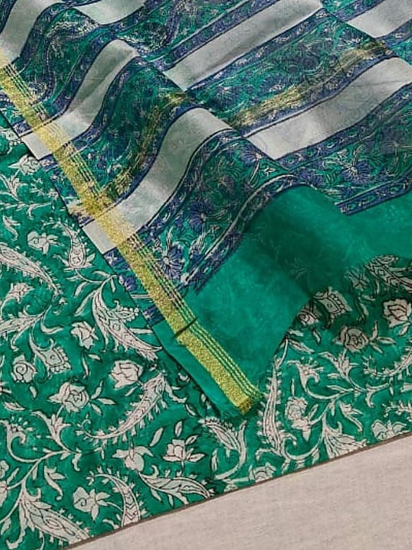 Indiehaat | Blockprint Chanderi Silk Saree Green | Elegance in Silk