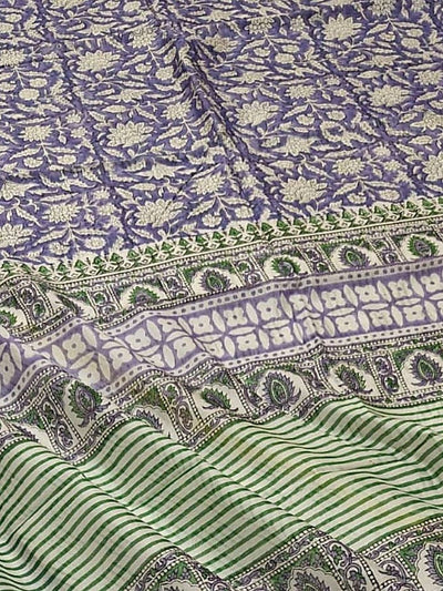 Indiehaat | Blockprint Chanderi Silk Saree Blue | Elegance in Silk