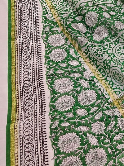 Indiehaat | Blockprint Chanderi Silk Saree Green | Elegance in Silk