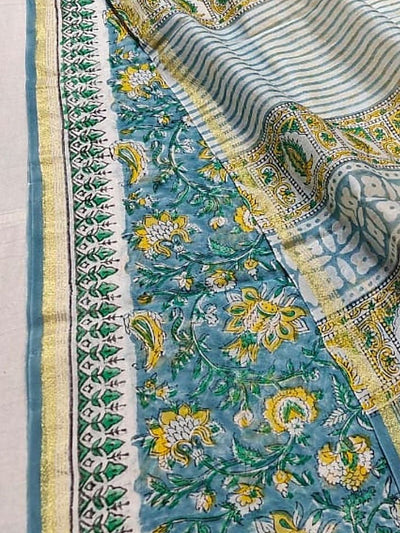 Indiehaat | Blockprint Chanderi Silk Saree Sea Green | Elegance in Silk