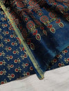 Indiehaat | Ajrakh Printed Chanderi Silk Saree Blue | Serenity in Silk