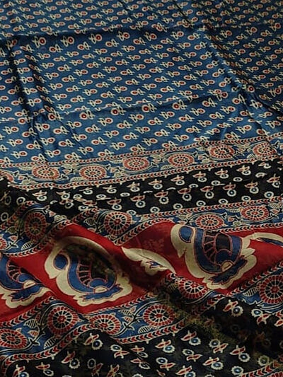 Indiehaat | Ajrakh Printed Chanderi Silk Saree Blue | Serenity in Silk