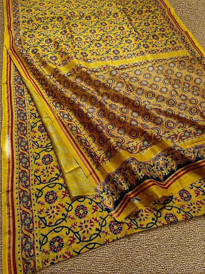 Indiehaat | Ajrakh Printed Chanderi Silk Saree Yellow | Serenity in Silk