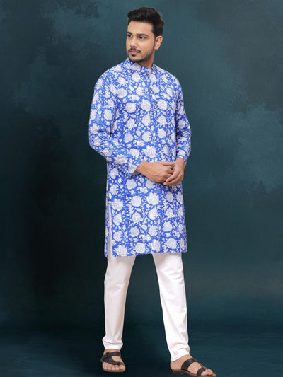 Indiehaat | Royal Reflection BlockPrinted Cotton Kurta Pyjama Serene Blue