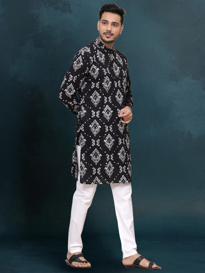 Indiehaat | Royal Reflection BlockPrinted Cotton Kurta Pyjama Matte Black