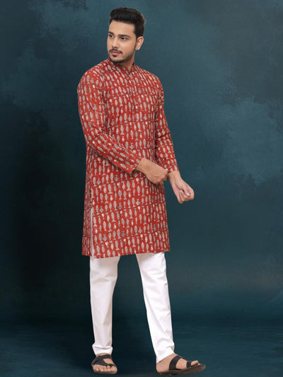 Indiehaat | Royal Reflection BlockPrinted Cotton Kurta Pyjama Fiery Red