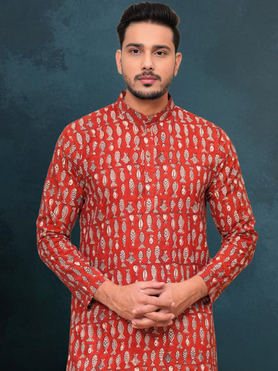 Indiehaat | Royal Reflection BlockPrinted Cotton Kurta Pyjama Fiery Red