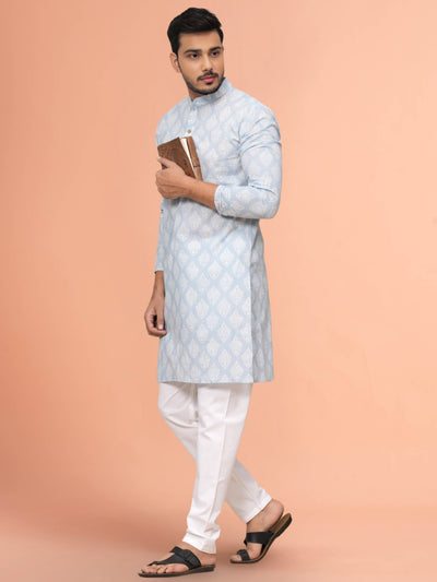 Indiehaat | Royal Reflection BlockPrinted Cotton Kurta Pyjama Light Blue