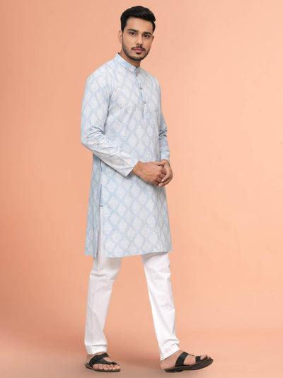 Indiehaat | Royal Reflection BlockPrinted Cotton Kurta Pyjama Light Blue