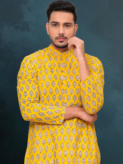 Indiehaat | Royal Reflection BlockPrinted Cotton Kurta Pyjama Bright Yellow