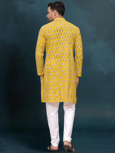 Indiehaat | Royal Reflection BlockPrinted Cotton Kurta Pyjama Bright Yellow