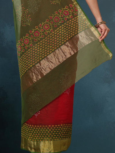 Indiehaat | Craft Couture Blockprinted Kota Doria Red & Green Saree