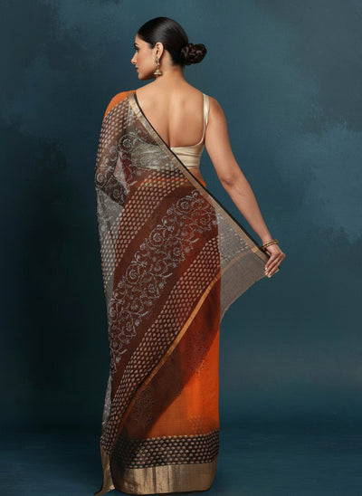 Indiehaat | Craft Couture Blockprinted Kota Doria Orange & Black Saree