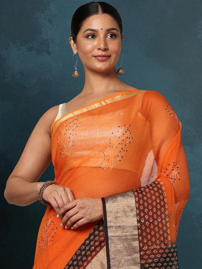 Indiehaat | Craft Couture Blockprinted Kota Doria Orange & Black Saree