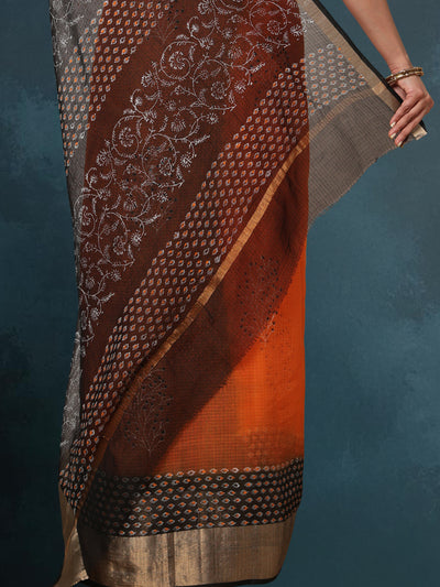 Indiehaat | Craft Couture Blockprinted Kota Doria Orange & Black Saree