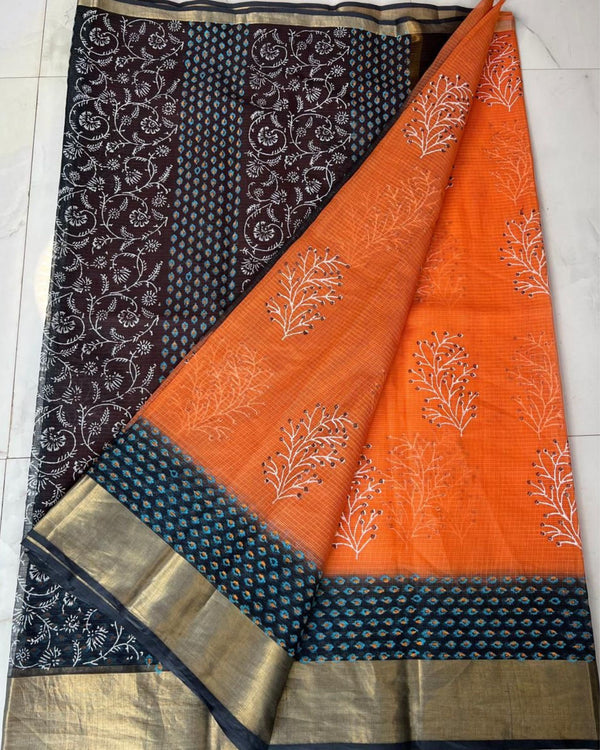 Craft Couture Blockprinted Kota Doria Orange & Black Saree