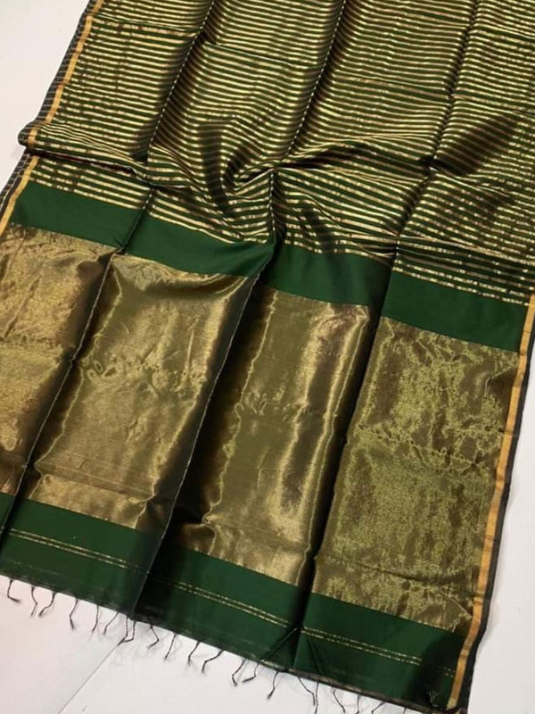Indiehaat | Handloom Maheshwari Green Tissue Silk Saree