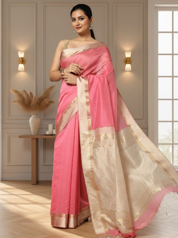 Dark pink handloom Maheshwari silk saree with tonal checks and a broad banded golden pallu
