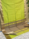 Light lime green handloom Maheshwari silk saree with allover checks and a grey contrast pallu