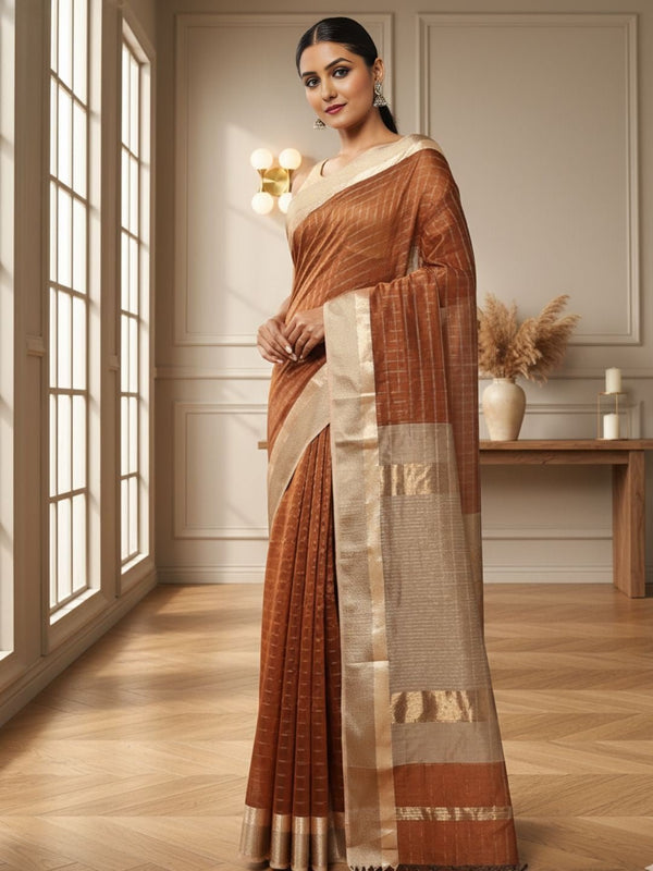 Earthy brown handloom Maheshwari silk saree with allover checks and a wide golden contrast pallu