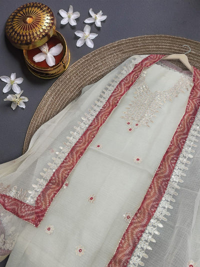 Glimmering Kota Doria Gota Patti Bright White Suit (T+B+D)