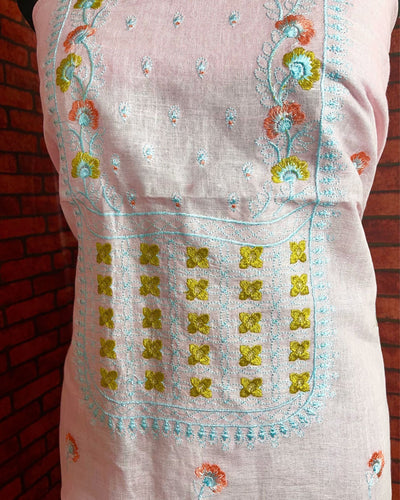 Indiehaat | Pure Linen Embroidered Suit Pink Color (Top+Dupatta) With Linen Bottom