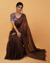 Sophisticated Pure Linen Kantha Work Saree Brown