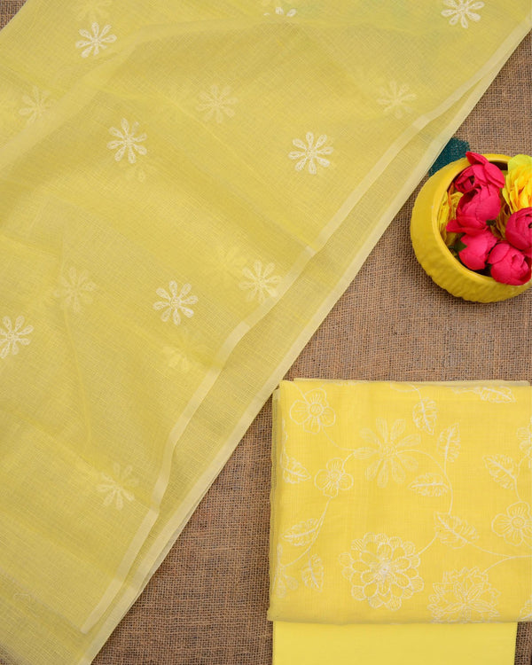 Kashidakari Kota Doria Embroidered Lemon Yellow Suit (T+B+D)