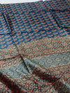 Indiehaat | Ajrakh Printed Chanderi Silk Blue Saree