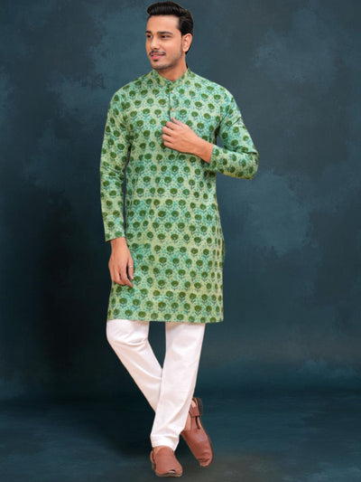 Indiehaat | Ajrakh Printed Cotton Kurta Pyjama Green
