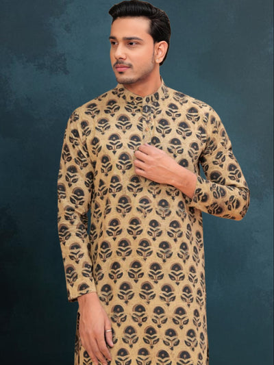 Indiehaat | Ajrakh Printed Cotton Kurta Pyjama Beige