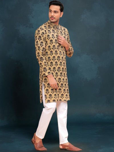 Indiehaat | Ajrakh Printed Cotton Kurta Pyjama Beige